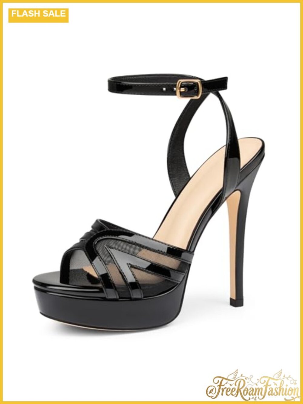 Women's Mesh Platform Heeled Sandals Open Toe Ankle Strap Stilettos